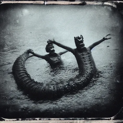 Image similar to tintype photo, underwater, lochness monster