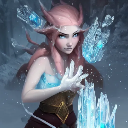 Image similar to a fantasy elf woman trapped and frozen trying to get out of a block of clear ice, with frozen flowers around her, treding artstation, greg rutkowski