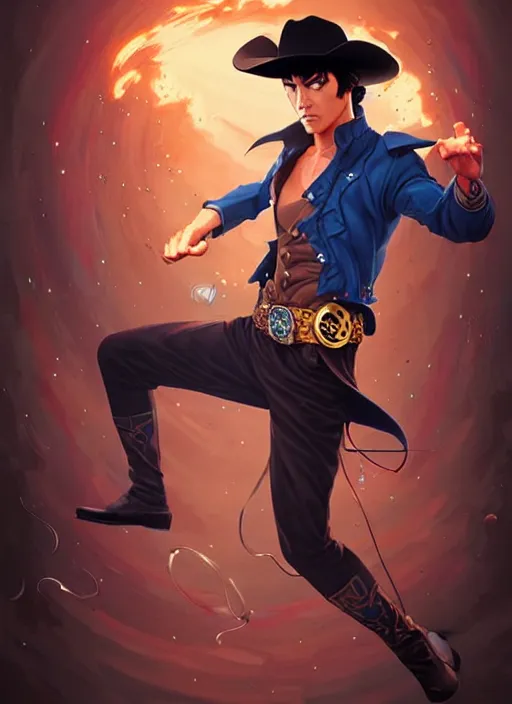 Prompt: style artgerm, joshua middleton, illustration, bruce lee as cowboy steampunk aristocrat, blue hair, swirling water cosmos, fantasy, dnd, cinematic lighting, collectible card art