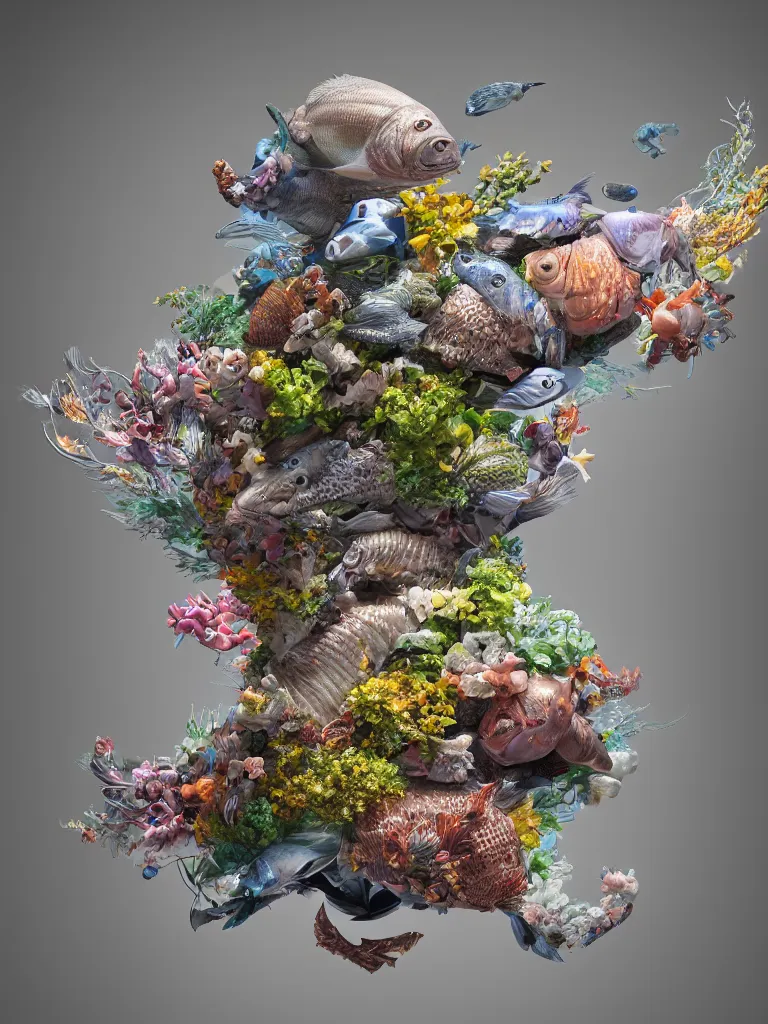 Image similar to a sculpture of fish ocean intertwined, led lighting, a lovely cornucopia of flowers and human body parts, body parts, highly detailed, octane render, cinematic, shock, sharp focus, ball, an independent psycho, clean, studio lighting