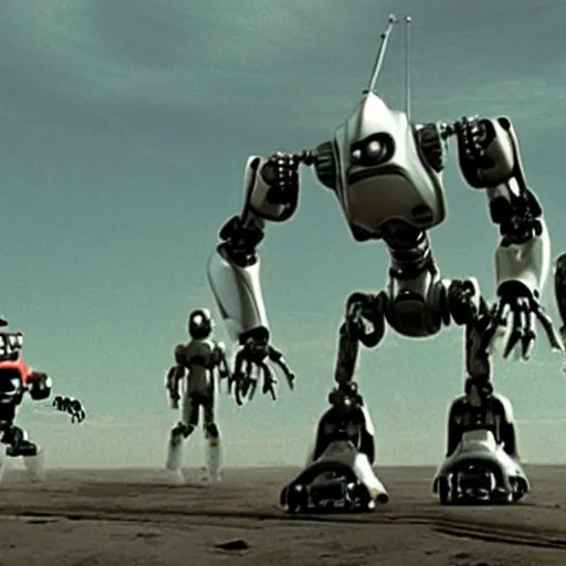 Prompt: film still of the 2001 movie robot invasion from planet 153