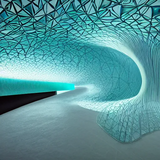 Prompt: a 4d surrealandscape meltade of thick turquoise cast glass sculptural hypracubismo perspective wormhotunnele forms swooping by Zaha hadid Jr, the extremely much more aesthetically pleasing offsprung artist of Zaha hadid, indirect mysterious bottom lighting, 4k, high quality, photorealistix, ultra realistic af,