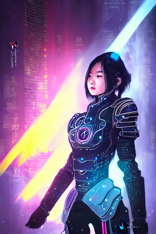 Image similar to portrait futuristic wuxia armor heroine Girl with thunder and fire sparkles and starlight, fighting in future cyberpunk tokyo heavy rainning rooftop , ssci-fi, fantasy, intricate, very very beautiful, elegant, human structure, neon light, highly detailed, digital painting, artstation, concept art, smooth, sharp focus, illustration, art by tian zi and WLOP and alphonse mucha