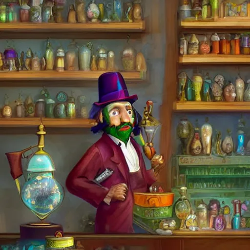 Image similar to Anthropomorphized parrot trader in his shop, shelves full, selling a gem, portrait, items, magic potions, carpet, window, fancy hat, sly expression , cunning expression, cute expression, presenting magic gem, D&D, fantasy, cinematic lighting, highly detailed, digital painting, artstation, concept art, smooth, sharp focus, illustration, warm light, cozy warm tint, magic the gathering artwork, volumetric lighting, 8k, no gold, no gold colours, art by Akihiko Yoshida, Greg Rutkowski