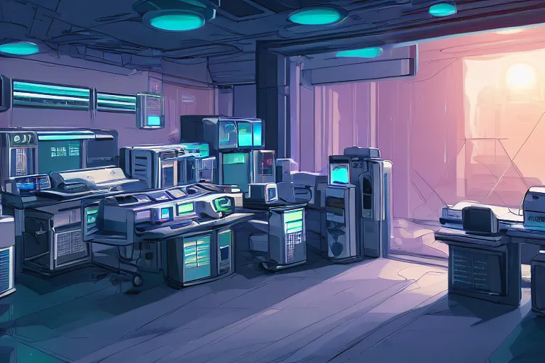 Prompt: stunning concept illustration of a retrofuturism cyberpunk bedroom full of computers, by ron cobb, hd, 4 k