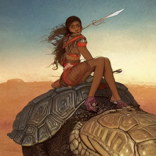 Image similar to a little warrior girl sitting on top of a giant turtle that is walking in the desert, seen from a distance. the girl is fully visible and has dark skin, realistic full body and a very beautiful detailed face with long black hair. diffuse light, dramatic sky and landscape, fantasy illustration by mucha