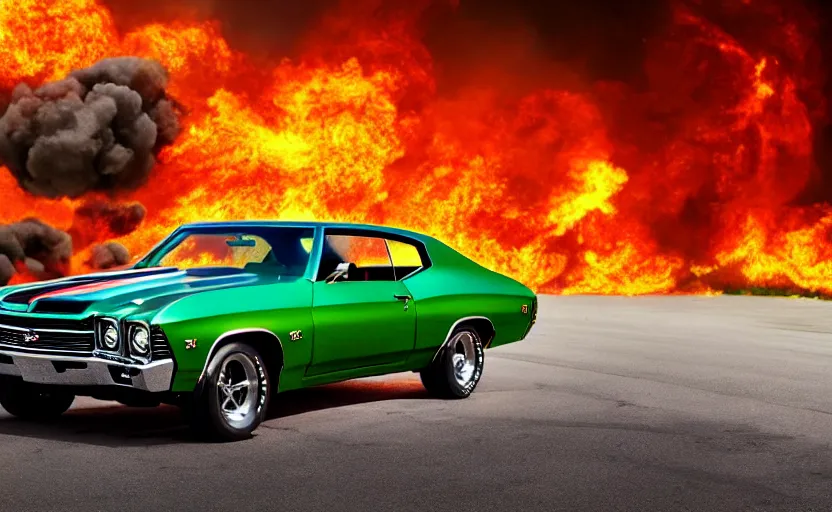 Image similar to a green 1 9 7 0 chevrolet chevelle ss driving high speed, fire explosion in the background, action scen. realistic. high resolution. dramatic