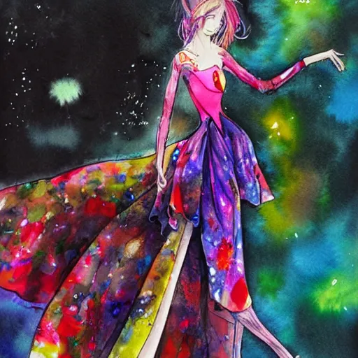 Image similar to watercolor painting of an elegant figure wearing colorful clothing, concept art, fashionable, by yoshitaka amano