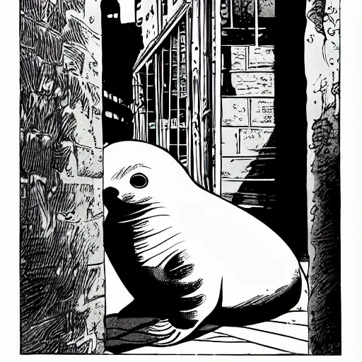 Prompt: baby seal lying face down in a dark alley, wide angle, comic book by frank miller