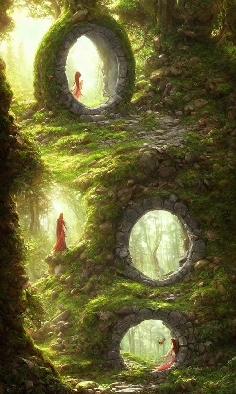 Image similar to Fantasy Magical fairy-tale stone portal in the forest. Round stone portal teleport in trees to other worlds. Fantastic landscape. Magic Altar in the fores, highly detailed, digital painting, artstation, concept art, smooth, sharp focus, illustration, art by artgerm and greg rutkowski and alphonse mucha