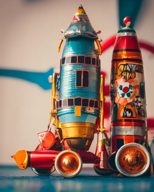 Image similar to high quality presentation photo of a detailed retro tin toy rocket ship, photography 4k, f1.8 anamorphic, bokeh, 4k, Canon, Nikon