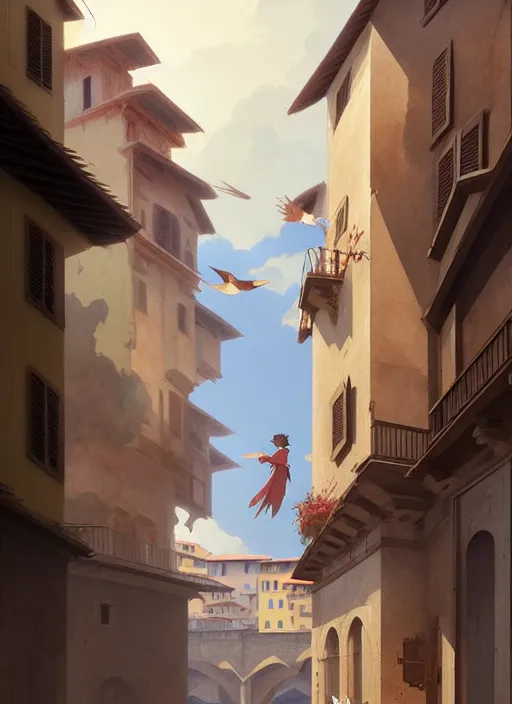 Prompt: florence italy in 1 8 2 0, an angle holds a nightingale bird on an outstretched hand, finely detailed perfect art, gapmoe yandere grimdark, trending on pixiv fanbox, painted by greg rutkowski makoto shinkai takashi takeuchi studio ghibli