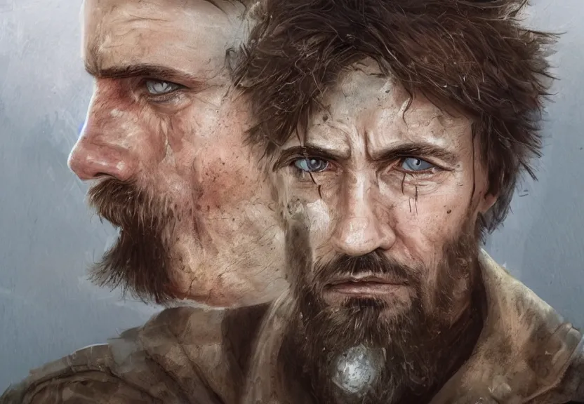 Image similar to portrait of muscular, tired and alcoholic 3 0 - year - ol 5 grieving man with short darkblonde hair, serious sad look in his eyes, looking down, dirty beard, blue eyes, crying tears, wearing dirty soldier uniform, on the desert, sad atmosphere, hyper realistic face, character art, art by mark brooks, cryengine, trending on artstation, digital art