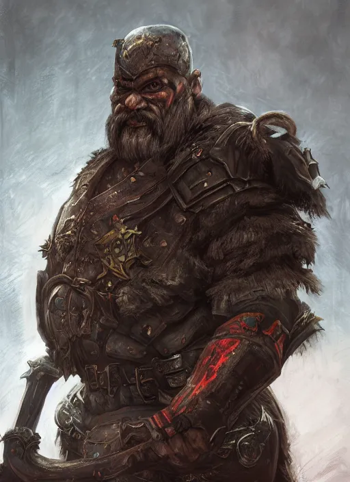 Image similar to A fantasy comic book style portrait painting of a brutal grim warrior dwarf in a atmospheric dark fortress, unreal 5, DAZ, hyperrealistic, octane render, RPG portrait, ambient light, dynamic lighting