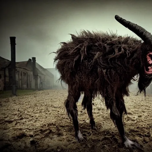 Prompt: horror, moody, still from film, daytime, muddy village square, wide shot, screeching mutant goat monster, powerful, with a mouth crammed full of filthy jagged teeth, matted brown fur, in muddy medieval village square