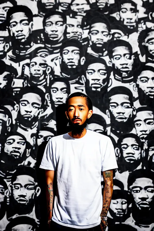 Image similar to asian guy stand in front of wall full of black rapper nipsey hussle mural, photorealistic, smooth, 4 k, aesthetic lighting, baroque object, sharp focus, hyperdetailed, professional photography, pullitzer winning, photo by : canon eos 5 d mark iv, by karah mew and adnan abidi and jodie bateman