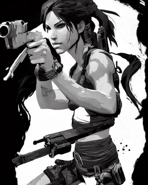 Image similar to lara croft, concept art, sumi - e style, artstation, trending, highly detailed, smooth, focus, art by yoji shinkawa