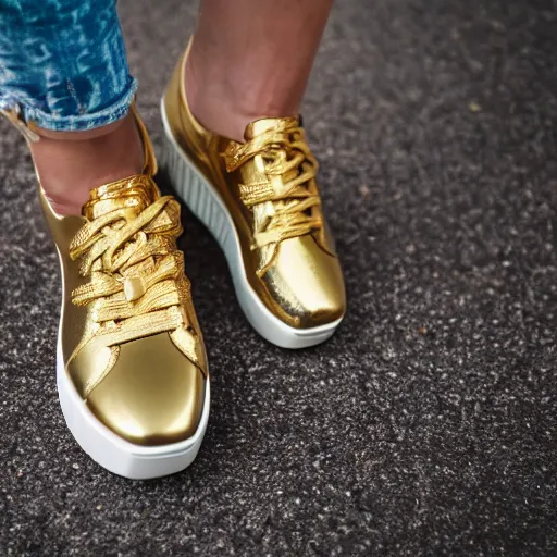 Prompt: Platform sneakers made out of solid gold, EOS-1D, f/1.4, ISO 200, 1/160s, 8K, RAW, unedited, symmetrical balance, in-frame