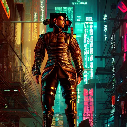 Image similar to cyberpunk samurai, with techware, subject centered in the frame, golden ratio, rule of thirds, volumetric lighting, prismatic neon accents, D&D, intricate, elegant, highly detailed, digital painting, japanese , altered carbon style, trending on artstation, unreal engine 5, octane render, redshift, concept art, art by Artgerm and Greg Rutkowski and Alphonse Mucha