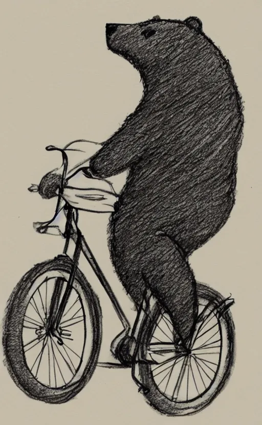 Image similar to sketch drawing of a bear riding a bicycle