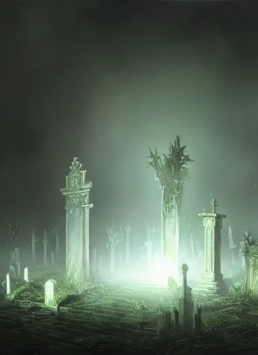 Image similar to hyperrealistic mixed media painting of glowing will-o-wisps in a dark cemetary, stunning 3d render inspired art by P. Craig Russell and Barry Windsor-Smith + dim volumetric lighting, foggy, abstract, 8k octane beautifully detailed render, post-processing, extremely hyperdetailed, intricate, epic composition, grim yet sparkling atmosphere, cinematic lighting + masterpiece, trending on artstation, very very detailed