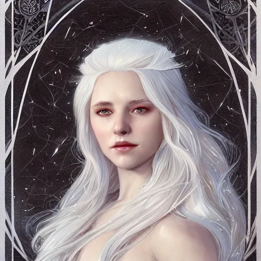 Prompt: portrait of a white-haired winter witch, elegant, intricate, headshot, D&D, fantasy, highly detailed, digital painting, artstation, concept art, sharp focus, illustration, art by artgerm and greg rutkowski and alphonse mucha