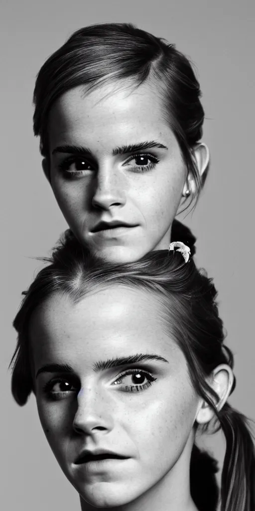 Image similar to Emma Watson closeup face shoulders pigtail hair Vogue fashion shoot by Peter Lindbergh fashion poses detailed professional studio lighting dramatic shadows professional photograph by Cecil Beaton, Lee Miller, Irving Penn, David Bailey, Corinne Day, Patrick Demarchelier, Nick Knight, Herb Ritts, Mario Testino, Tim Walker, Bruce Weber, Edward Steichen, Albert Watson