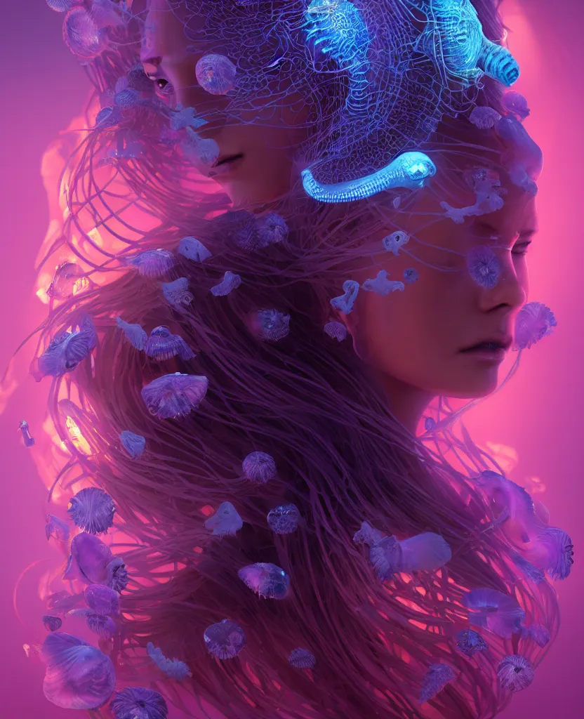 Image similar to goddess close-up portrait. jellyfish phoenix head, nautilus, orchid, skull, betta fish, bioluminiscent creatures, intricate artwork by Tooth Wu and wlop and beeple. octane render, trending on artstation, greg rutkowski very coherent symmetrical artwork. cinematic, hyper realism, high detail, octane render, 8k