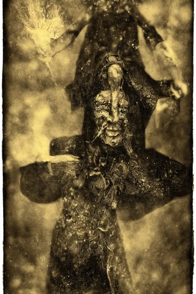 Image similar to wet plate photograph of sun tarot card victorian era, coal dust, in the style of brothers quay