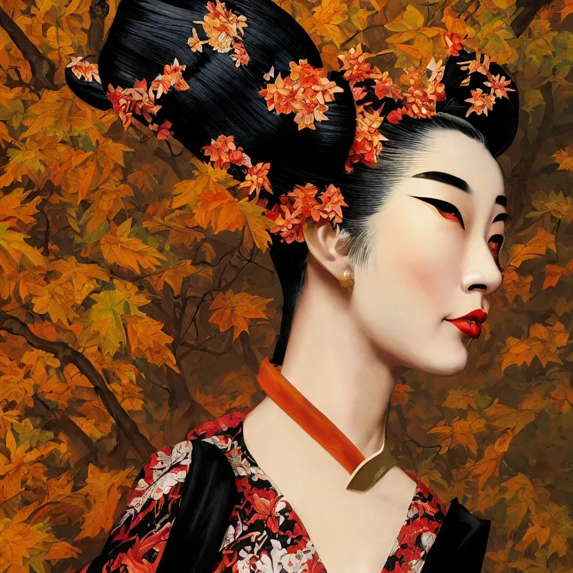 Prompt: baroque neoclassicist close - up portrait of a woman wearing a retrofuturistic asian geisha animal mask, in front of an autumn forest. highly detailed science fiction painting by norman rockwell, frank frazetta, and syd mead. rich colors, high contrast, gloomy atmosphere. trending on artstation and behance.