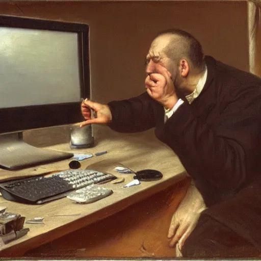 Image similar to an angry man yells at his computer monitor, oil on canvas, 1 8 8 3, highly detailed, high resolution