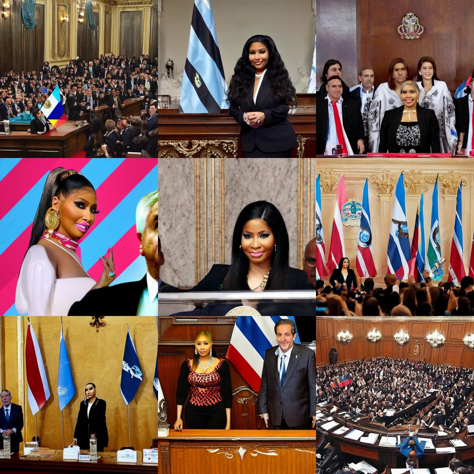 Image similar to Nicki Minaj president of Argentina, in the Argentine Congress, flags of Argentina behind, detailed picture