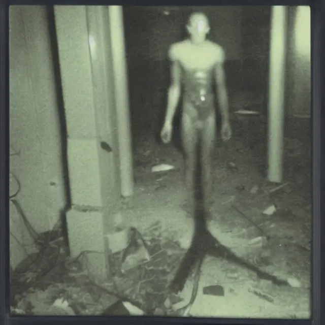 Image similar to found polaroid photo, flash, interior abandoned hospital, mutant creature standing