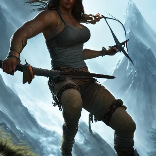 Image similar to lara croft in lord of the rings, hyper detailed character design, greg rutkowski, wlop, artgerm, masterwork, artstation trending, 8 k