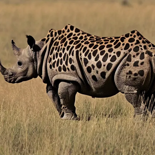 Prompt: a rhino with cheetah print spots, nature photography