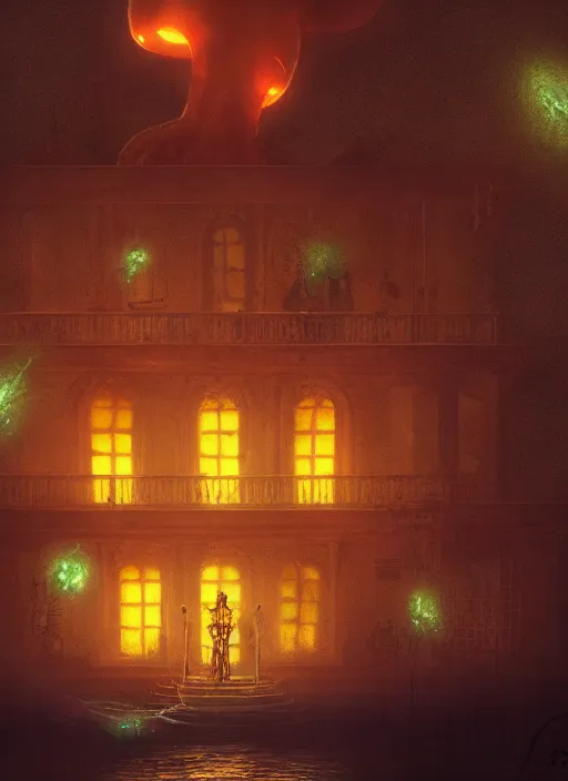 Image similar to glowing squid trying to eat a mansion in burning vapor dramatic lighting, artstation, matte painting, alexander fedosav, alexander jansson