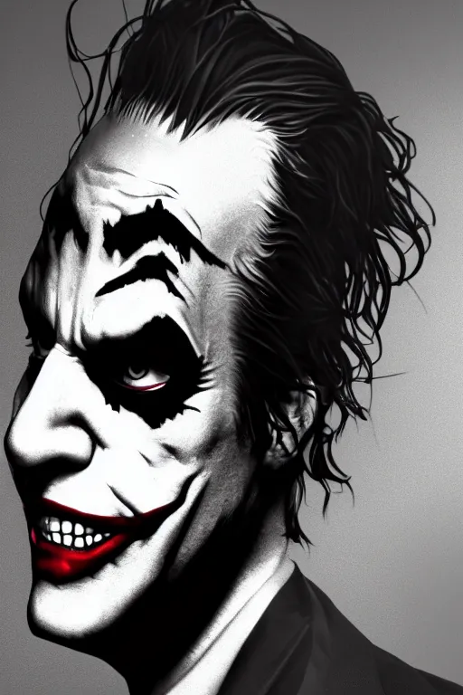 Image similar to a side profile shot of the joker 8k, hyperrealism, cinematic lighting