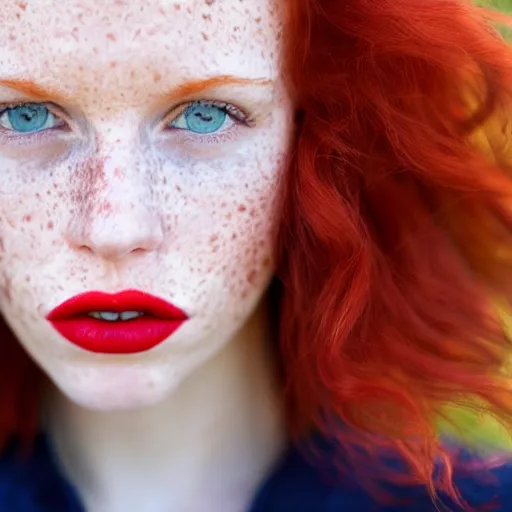 Prompt: Close up photo of the left side of the head of a redhead woman with gorgeous blue eyes and wavy long red hair, red detailed lips and freckles who looks directly at the camera. Slightly open mouth. Whole head visible and covers half of the frame, with a park visible in the background. 135mm nikon.