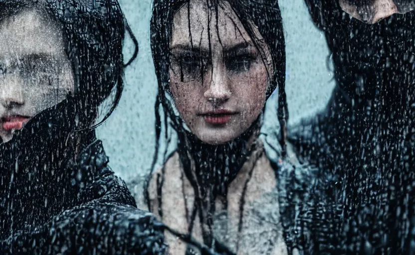 Image similar to cinestill 5 0 d candid photographic portrait by christopher nolan of two loving female androids wearing rugged black mesh techwear in treacherous waters, extreme closeup, modern cyberpunk moody emotional cinematic, pouring rain, 8 k, hd, high resolution, 3 5 mm, f / 3 2, ultra realistic faces, ex machina