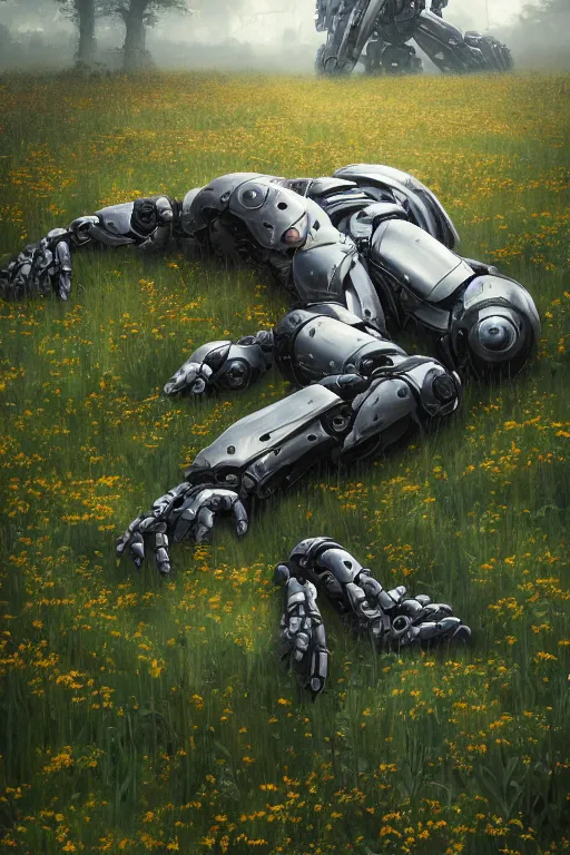 Image similar to a portrait of a broken giant mechanical robot laying in the meadow covered in plants by greg rutkowski, sung choi, mitchell mohrhauser, maciej kuciara, johnson ting, maxim verehin, peter konig, bloodborne, 8 k photorealistic, cinematic lighting, hd, high details, dramatic, dark atmosphere, trending on artstation