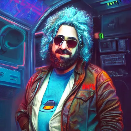 Prompt: highly detailed rony abovitz as jerry garcia, cyberpunk, concept art, character art, studio lightning, bright colors, intricate, masterpiece, photorealistic, hyperrealistic, sharp focus, high contrast, Artstation HQ, DeviantArt trending, 8k UHD, Unreal Engine 5