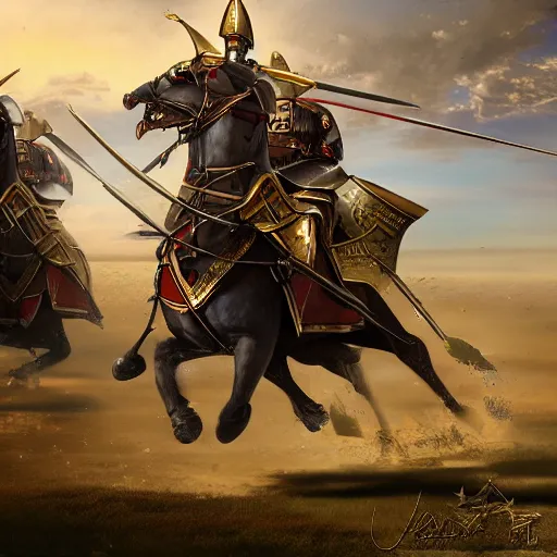 Prompt: Byzantine mounted medieval cataphract charges into battle, digital matte painting, high quality