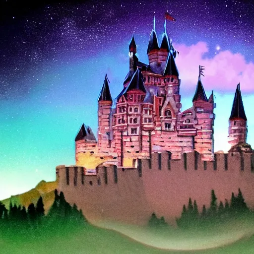 Image similar to A castle made out of crystal at dusk, prismatic.