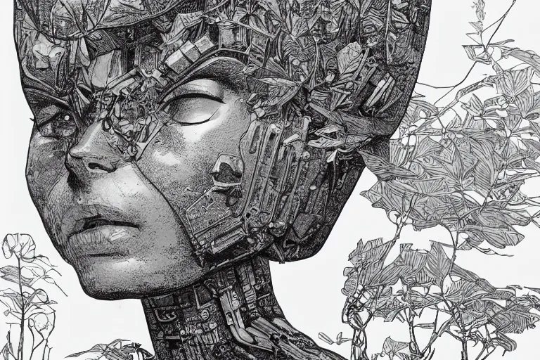 Prompt: gigantic robot - girl head floating in the space, a lot of exotic plants, trees, flowers, oldschool vintage sci - fi flat surreal grainy design, super - detailed, drawing by moebius, satoshi kon, craig gleason, hd, 4 k, high quality