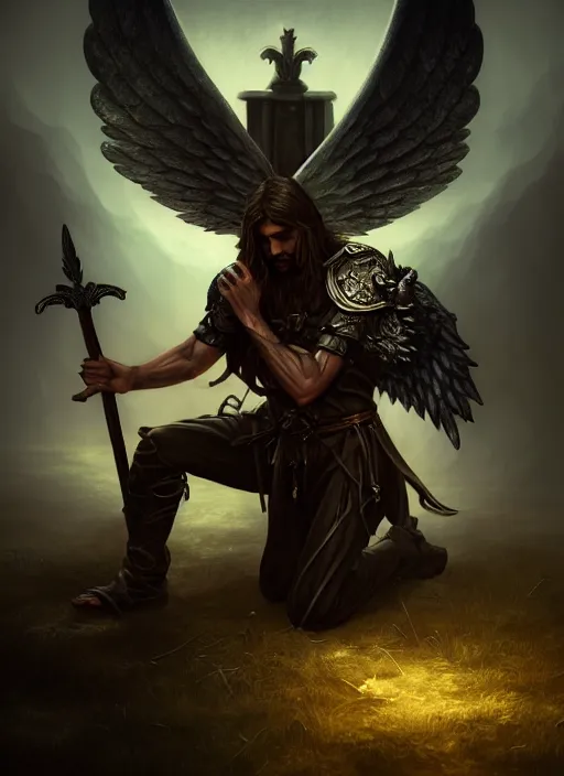 Image similar to fantasy art, fallen man angel kneeling on the knees with a sword and shield, close-up, bokeh. dark art masterpiece artstation. 8k, sharp high quality illustration in style of Jose Daniel Cabrera Pena and Leonid Kozienko, Tooth Wu, studio lighting. angel with big wings