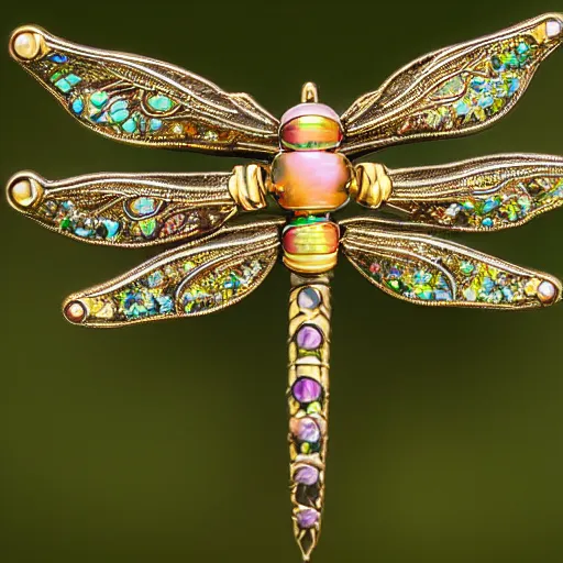 Image similar to highly detailed, well-lit studio photo of a complex intricate, ornate, art nouveau dragonfly brooch, with interlacing golden curves and opal eyes