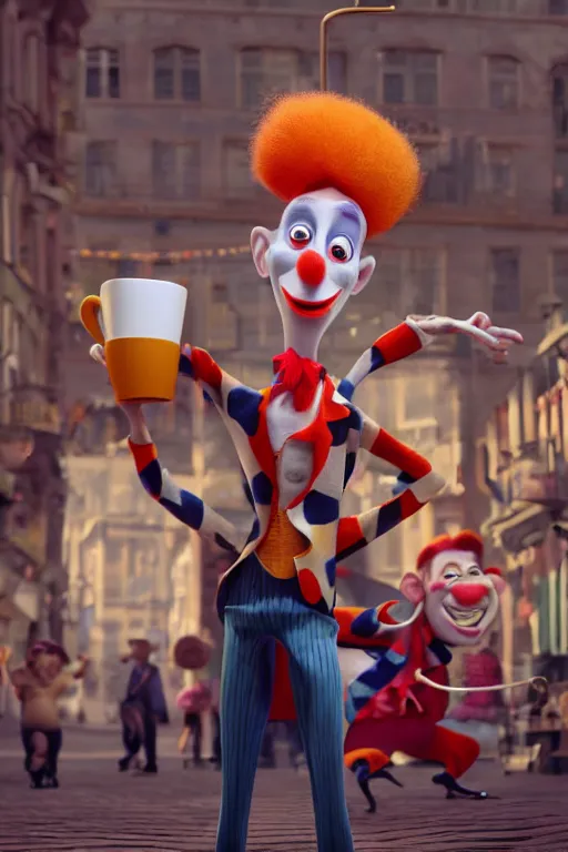 Image similar to portrait of a clown holding a cup of coffee with the circus in background, full body. pixar disney 4 k 3 d render funny animation movie oscar winning trending on artstation and behance. ratatouille style.