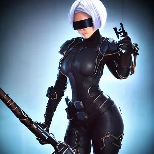 Prompt: full body shot of 2B with a blindfold as a Starcraft 2 commander, highly-detailed