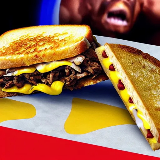 Prompt: taco and grilled cheese in an epic boxing match being spectated by minions, hyperre