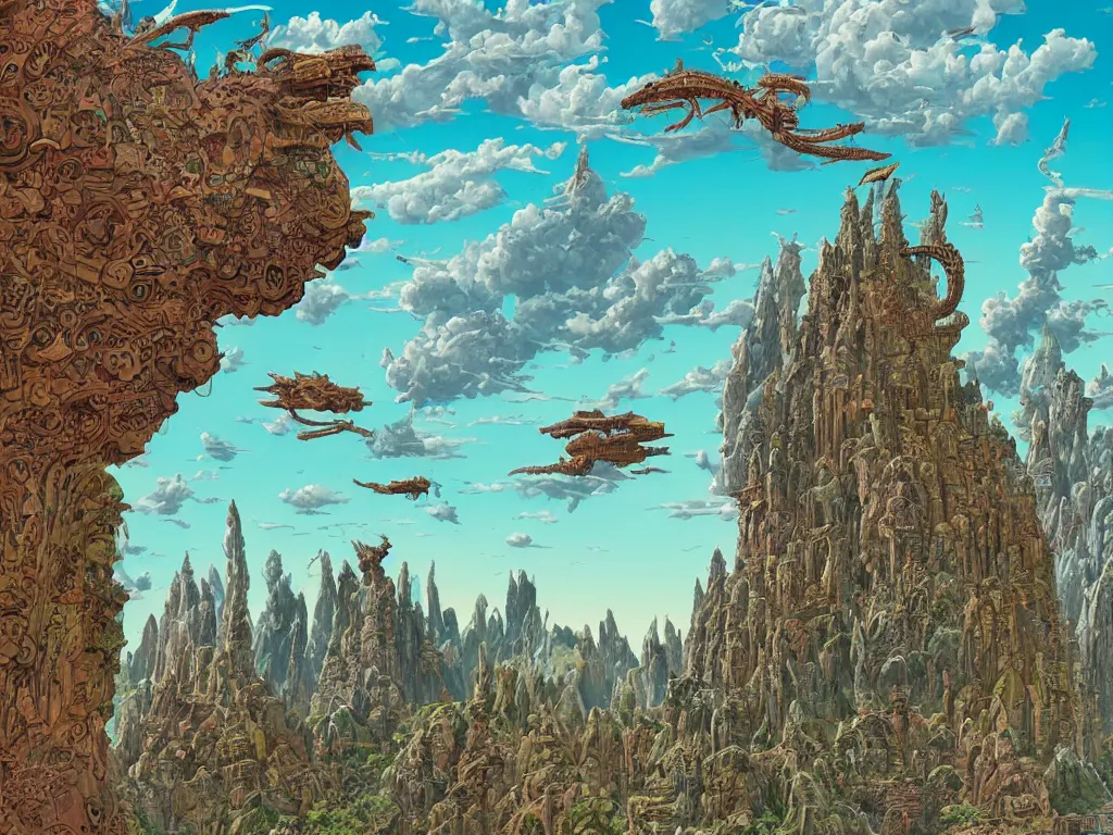 Image similar to epic temple with spires and carvings, stone canyon, flying creatures, colorful clouds, alien world, by Geof Darrow and Roger Dean, science fiction, trending on artstation, detailed, hyper-detailed